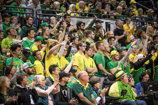 Fans cheer during the first half as the No. 3 Oregon Ducks take on the Washington Huskies in a women's basketball game on March 1, 2020, at Matthew Knight Arena in Eugene. Courtesy Serena Morones, The Oregonian/OregonLive