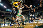Satou Sabally looks to pass during the second half as the No. 3 Oregon Ducks take on the Washington Huskies in a women's basketball game on March 1, 2020, at Matthew Knight Arena in Eugene. Courtesy Serena Morones, The Oregonian/OregonLive