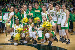 The Oregon Ducks celebrate after the No. 3 Oregon Ducks beat the Washington Huskies 92-56 in a women's basketball game on March 1, 2020, at Matthew Knight Arena in Eugene. Courtesy Serena Morones, The Oregonian/OregonLive