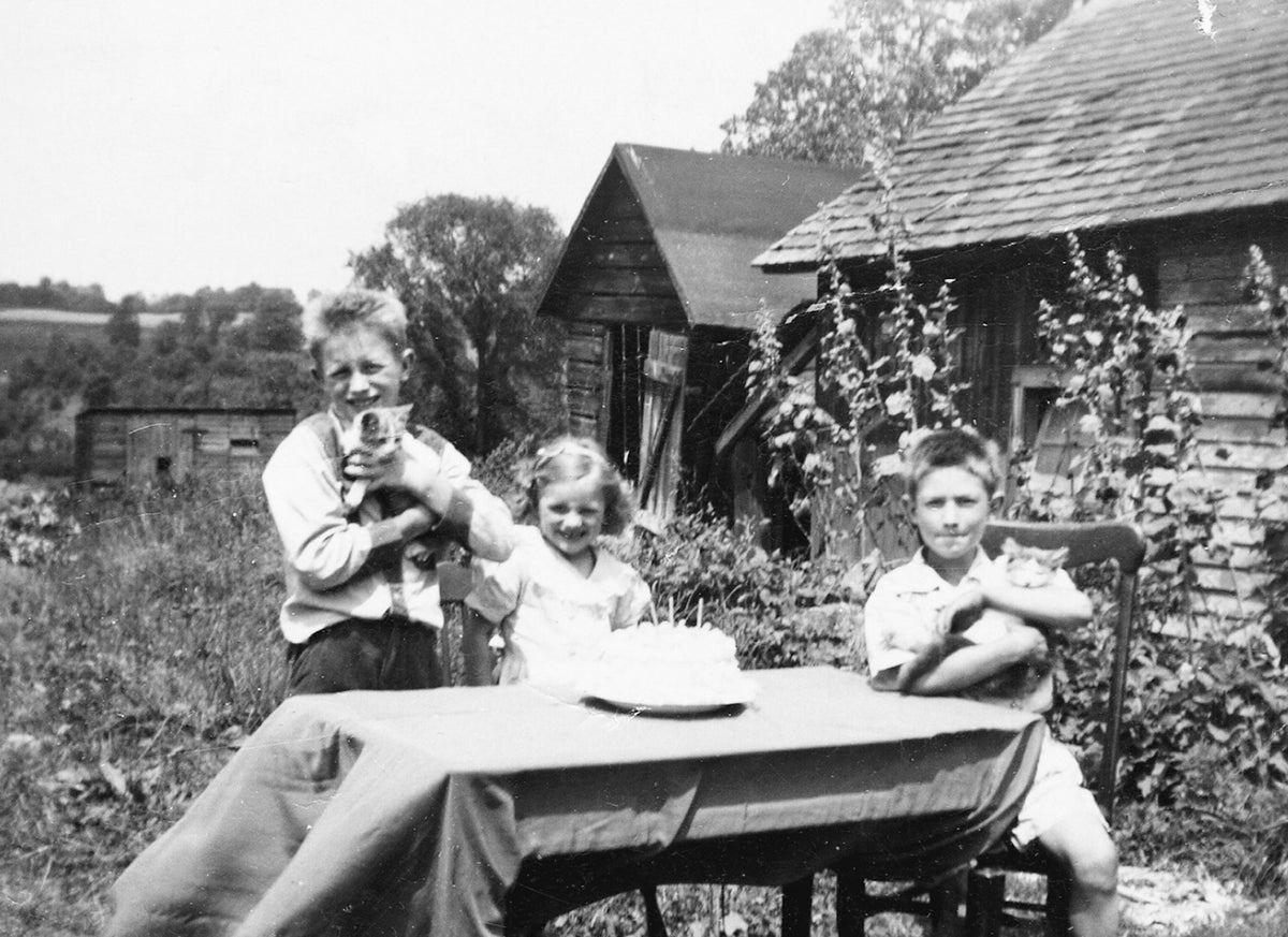 Birthday party for Betty, age 4, 1950. The party was at the Abel Farm in Coleman Mills, Town of Whitestown. Abel children, from left: George, age 9; Betty, age 4; William, age 7.