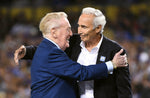 Vin Scully and Sandy Koufax share a warm embrace on Vin Scully Appreciation Night at Dodger Stadium on Sept. 23, 2016. Wally Skalij / Los Angeles Times