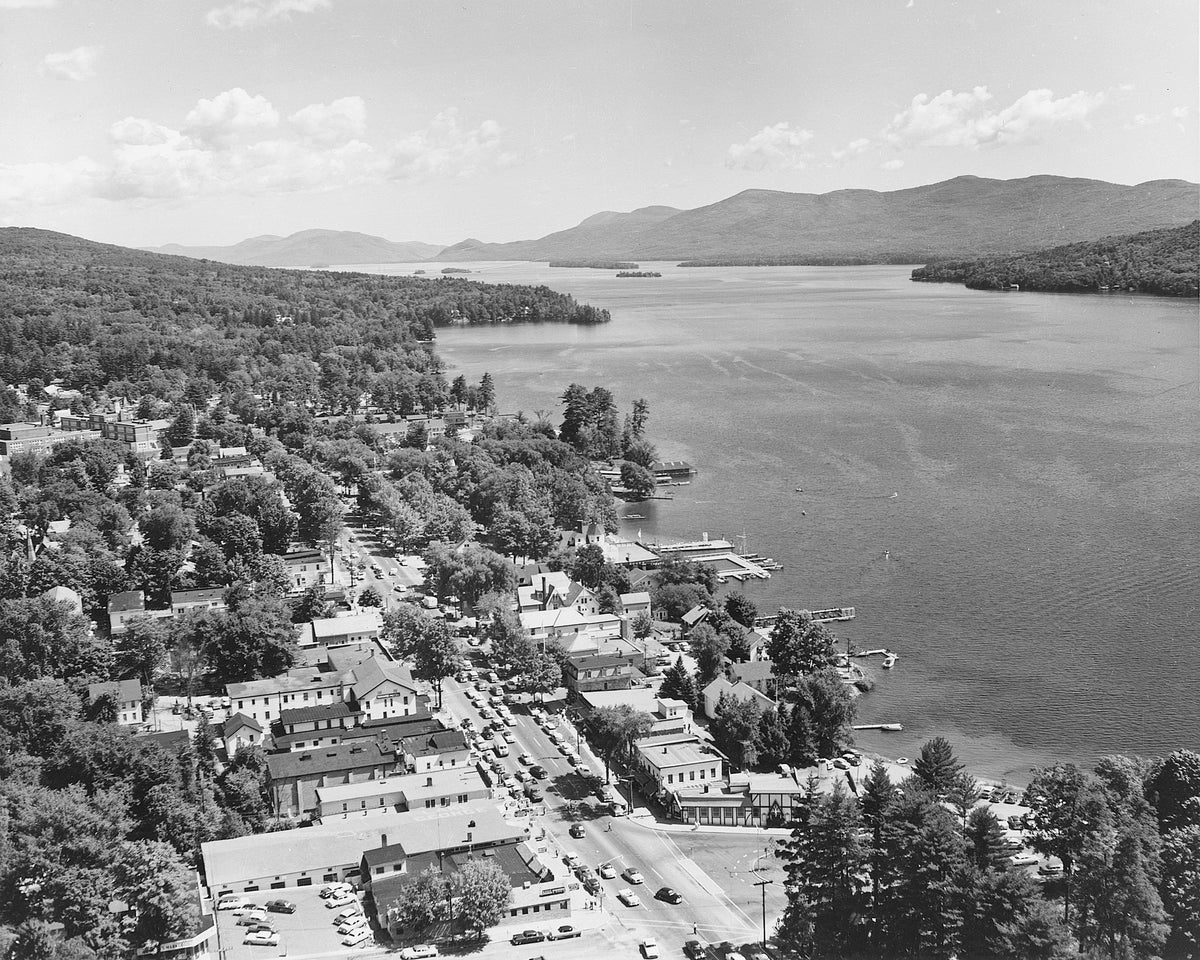 Aerial view of homes and businesses on the shore of Lake George, July 18, 1956. Courtesy Lake George Historical Association