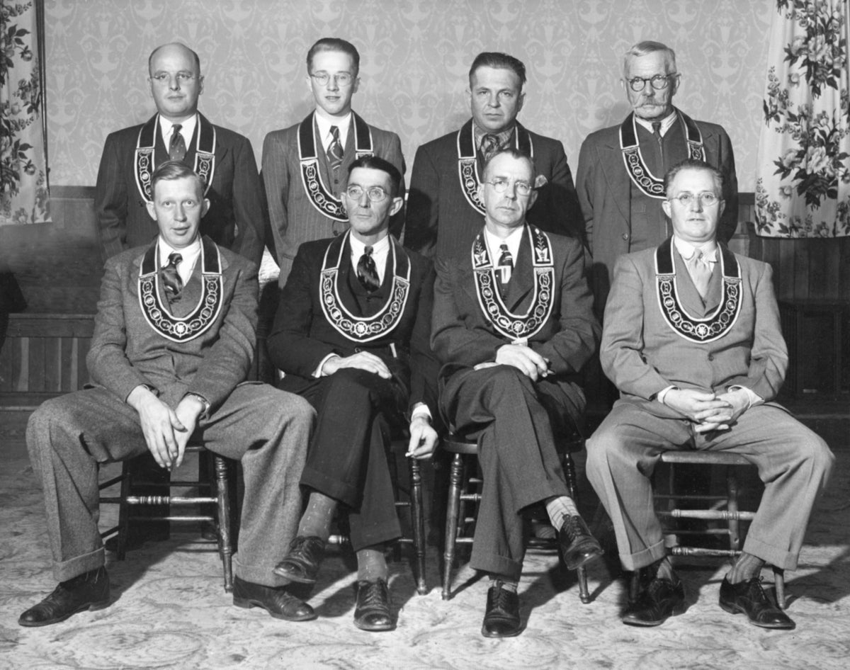 District Deputies at the installation of staff in the Oddfellows Club at Lodge #514, January 7, 1948. Front row, from left: Mack Smith, Grand Warden; Clarence Armstrong, Grand Marshall; Erwi Clute, Grand Mater; Carl Walker, Grand Chaplain. Back row: Archie Meade, Grand Secretary; Vincent Walker, Grand Herald; Robert Holmes, Grand Treasurer; John Little Senior, Grand Guardian. Courtesy Historical Society of the Town of Chester