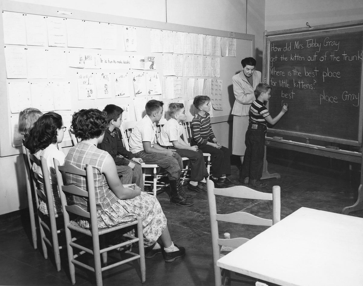 Class at the Broad Street School in Glens Falls, circa 1950. The class was taught by M. Agnes Doody. A banner reads "It is fun to make books". Courtesy Folklife Center at Crandall Public Library