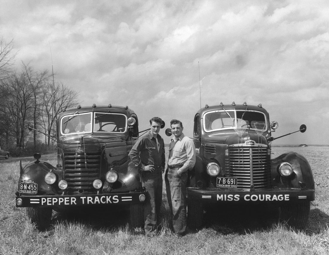 Independent truck drivers Duane “Chick” Mettetal and Wellman Lehman stand next to their trucks, Orrville, 1949. The men drove for Orrville Products. Courtesy Evelyn Mettetal