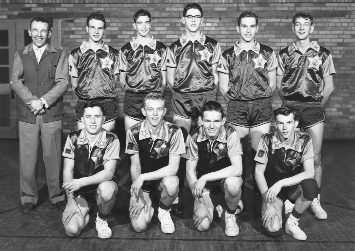 Northwestern High School senior basketball team, West Salem, 1954. Kneeling: Richard Keener, Herb (last name unidentified), Fred Ladrach, Tom Ogden. Back row: coach Roy Bates, Stan Totten, Don Hershey, Chet (last name unidentified), Bob Reinke, Don “Boze” Fasig. They were Wayne County District Champions that year. Courtesy Don Fasig