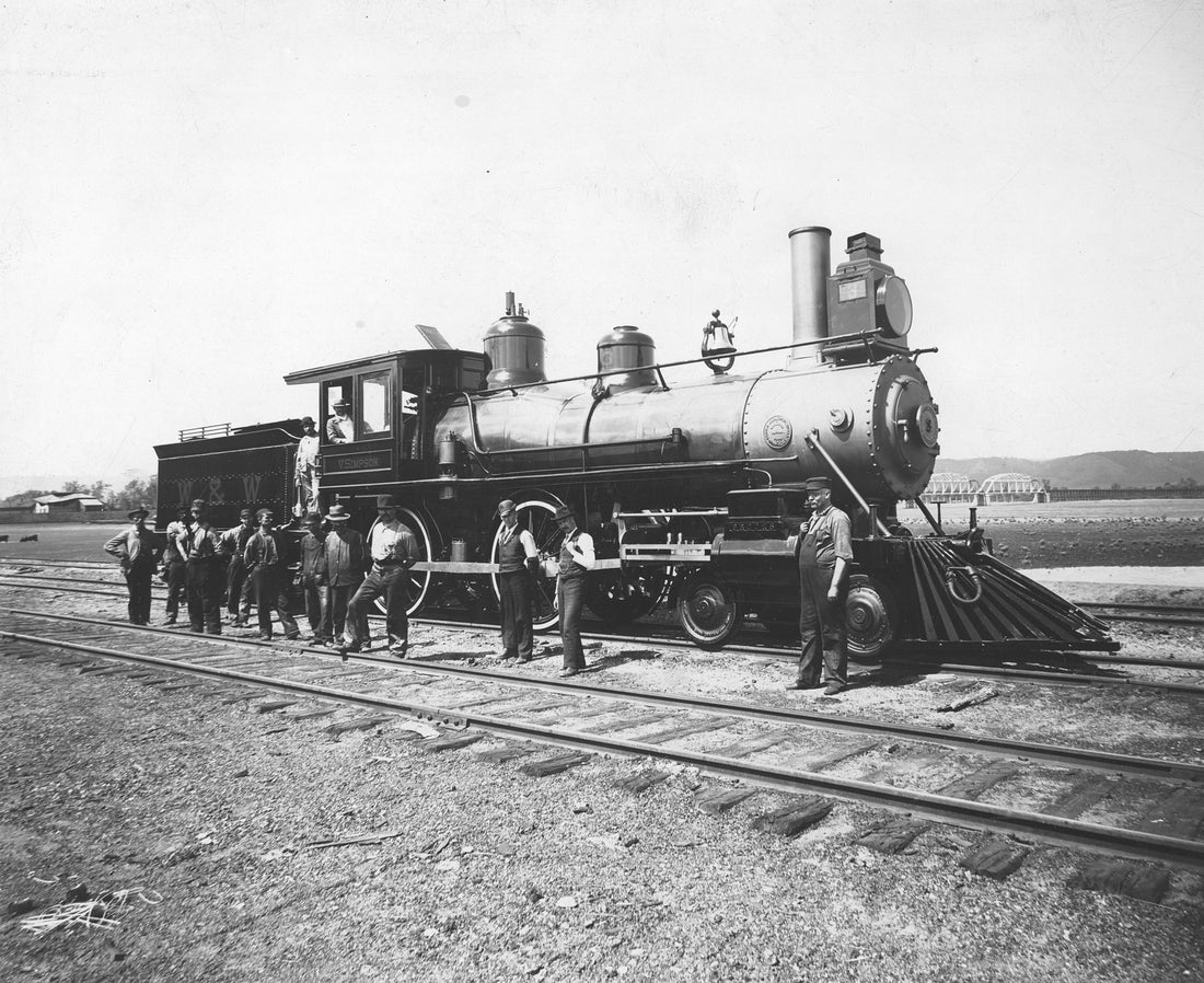 Nick Barthen and crew of the Winona & Western Railway, 1890. The name on the engine, V. Simpson, denotes the first vice president of the W & W Railway company. Courtesy Winona County Historical Society