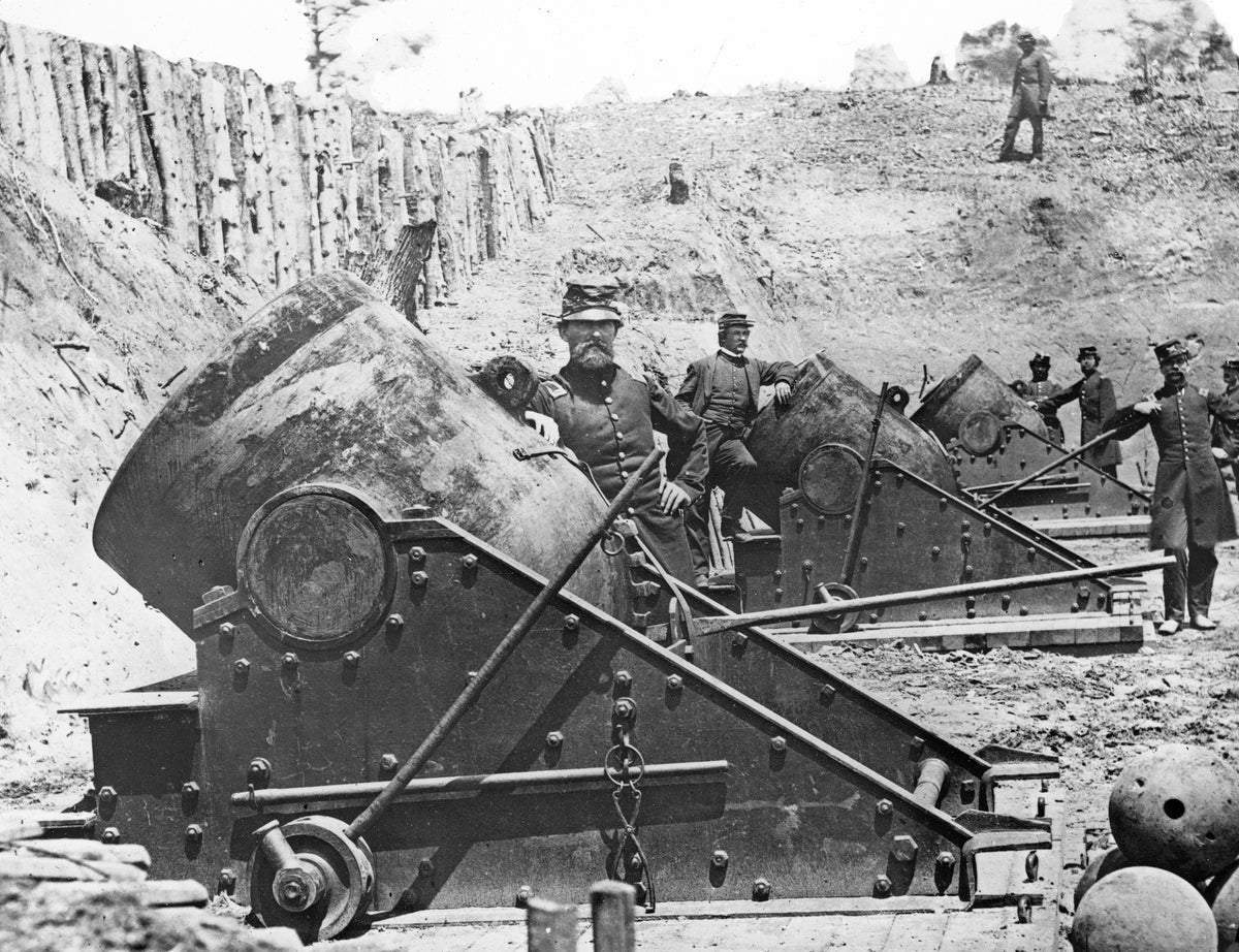 During the siege of Yorktown, Va., in the spring of 1862, enormous guns and mortars were planted along the line, including these 13-inch sea-coast mortars.