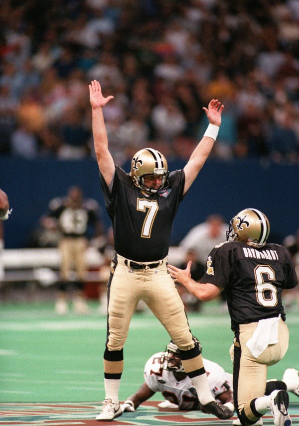 Saints kicker Morten Andersen celebrates after kicking the game-winning field goal to defeat the Atlanta Falcons on Nov. 13, 1994. Susan Poag / The Advocate