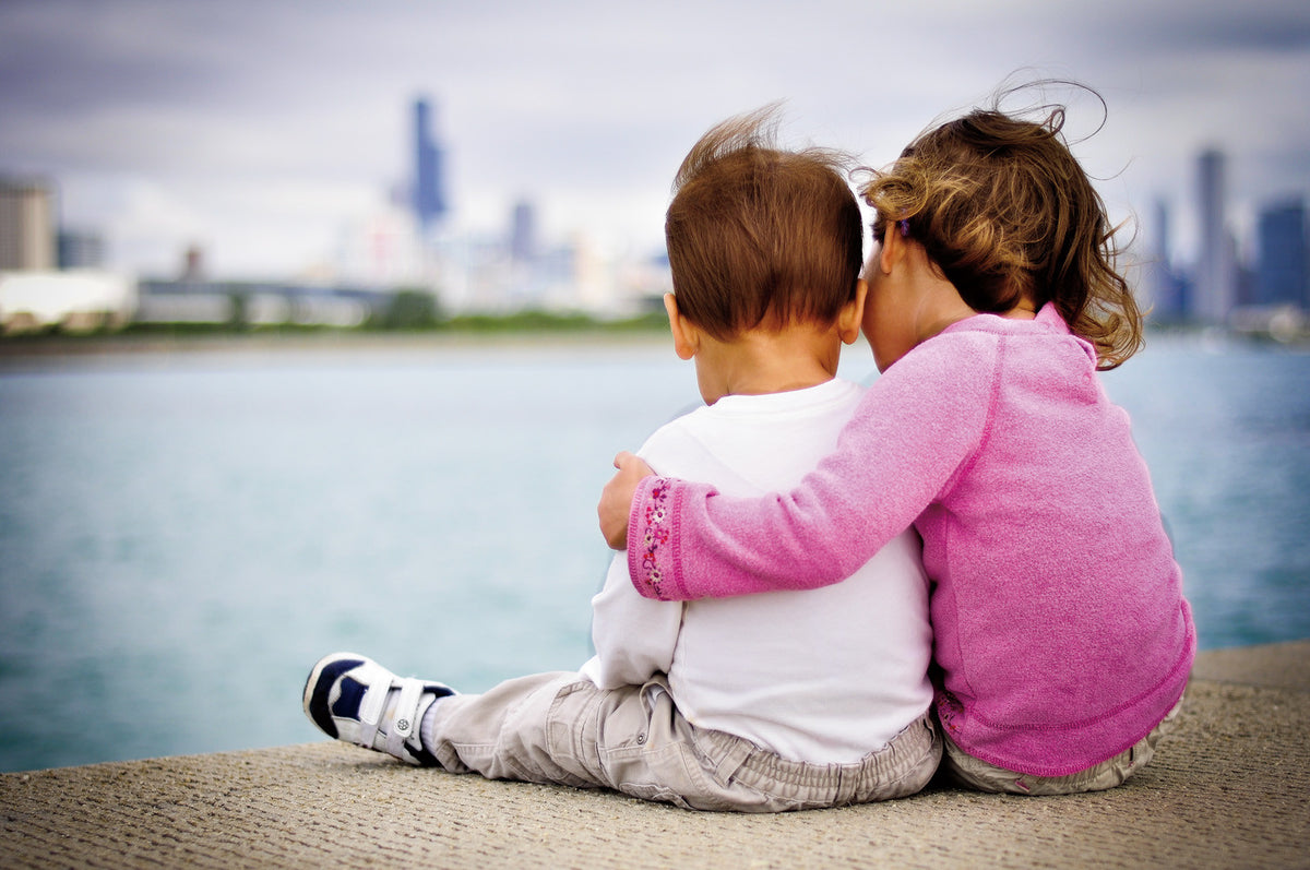 Michaela tightly comforts her brother, Sam, as the wind blows with the threatening sky, overlooking the Sears Tower from the 31st Street Beach. Michael Bathan