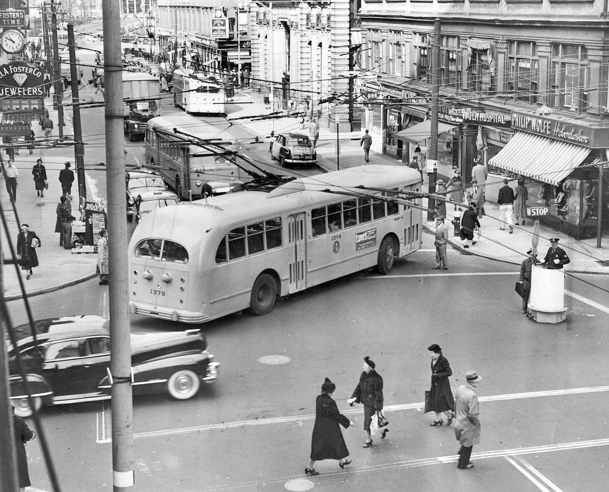 Trackless trolley on Dorrance and Westminster Streets in Providence, 1951. Courtesy The Providence Journal
