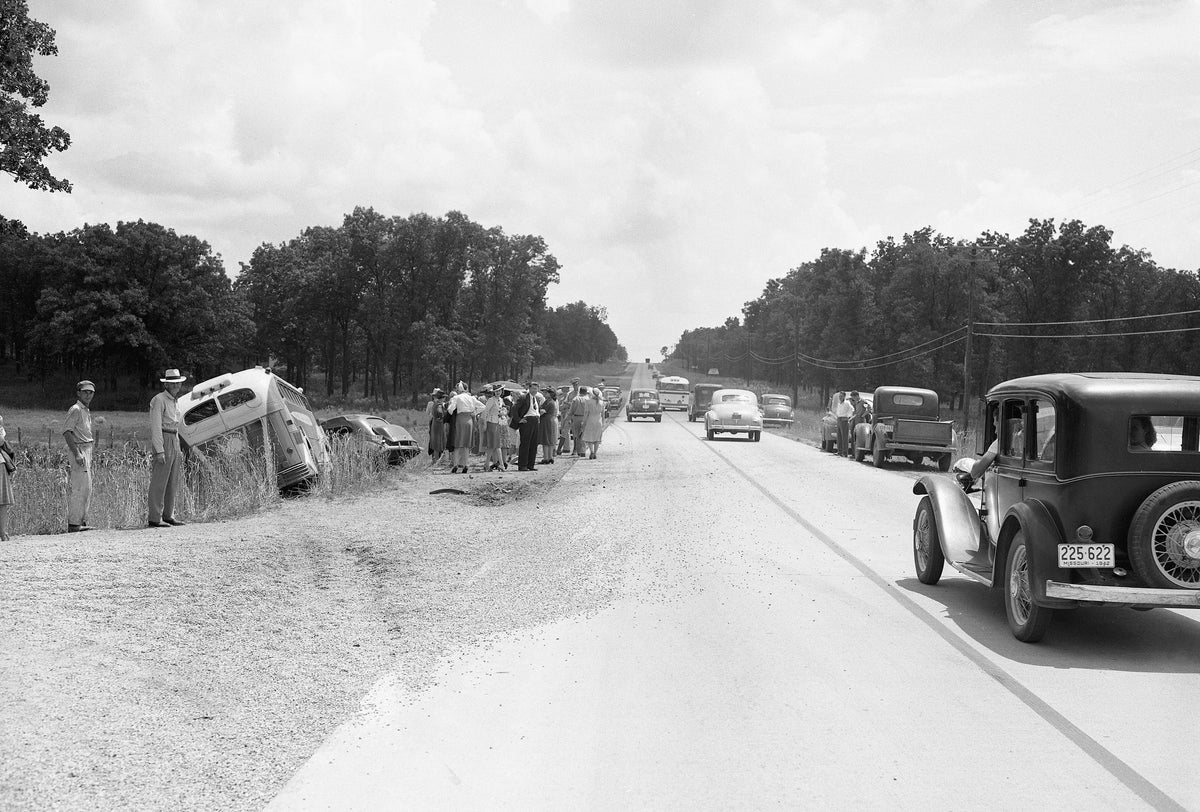 Ed Humphries an employee of Hagman Candy Company collided with a Crown Coach bus at 42nd and Range Line Road. Humphries suffered shock and received a cut above his left ear. Fortunately none of the bus passengers were injured. 1942