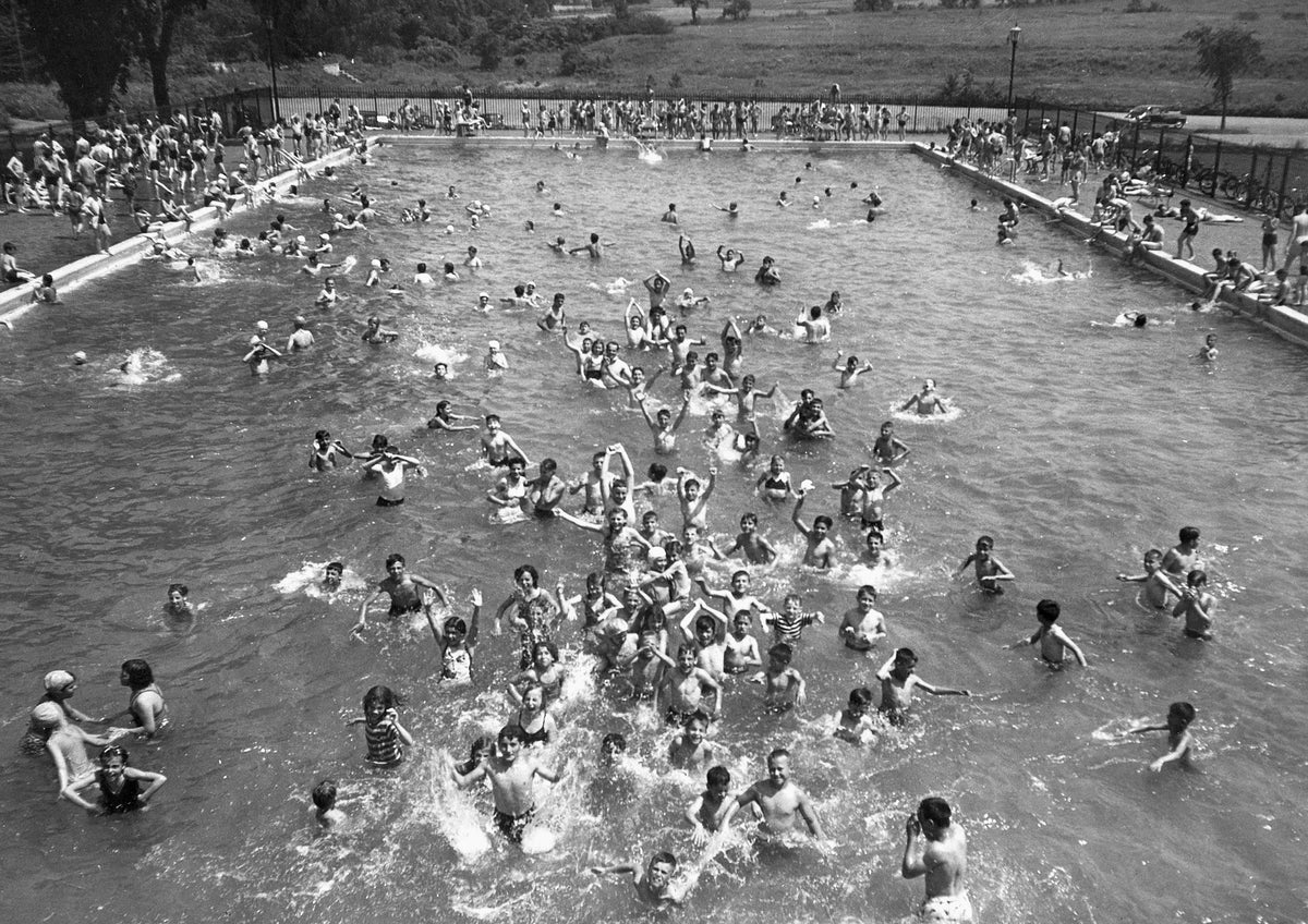 The John T. Buckley swimming pool at Albany Street, Culver Avenue and Welshbush Road was added to T. R. Proctor Park by the WPA and became a haven for East utica youngsters during the summer. Photo taken June 20, 1944.