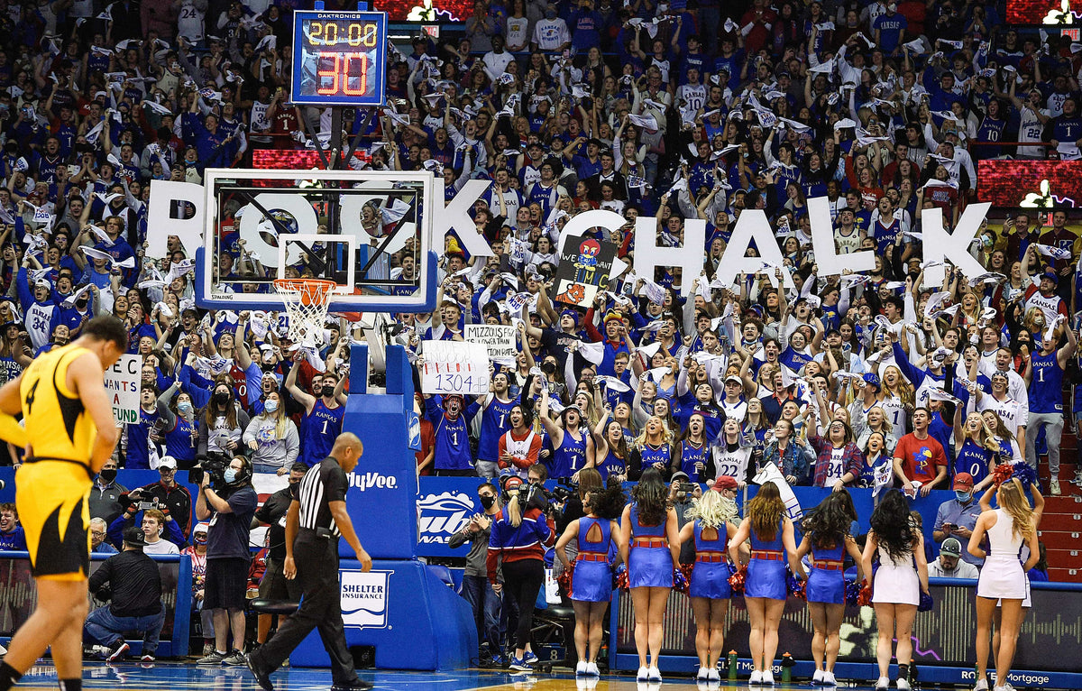 The Allen Fieldhouse crowd cheers as the players take the floor for the Border War game on Dec. 11, 2021. Kansas jumped out to an early lead and dominated the Tigers, winning 102-65. Rich Sugg / The Kansas City Star