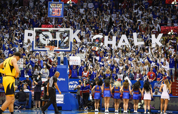 The Allen Fieldhouse crowd cheers as the players take the floor for the Border War game on Dec. 11, 2021. Kansas jumped out to an early lead and dominated the Tigers, winning 102-65. Rich Sugg / The Kansas City Star