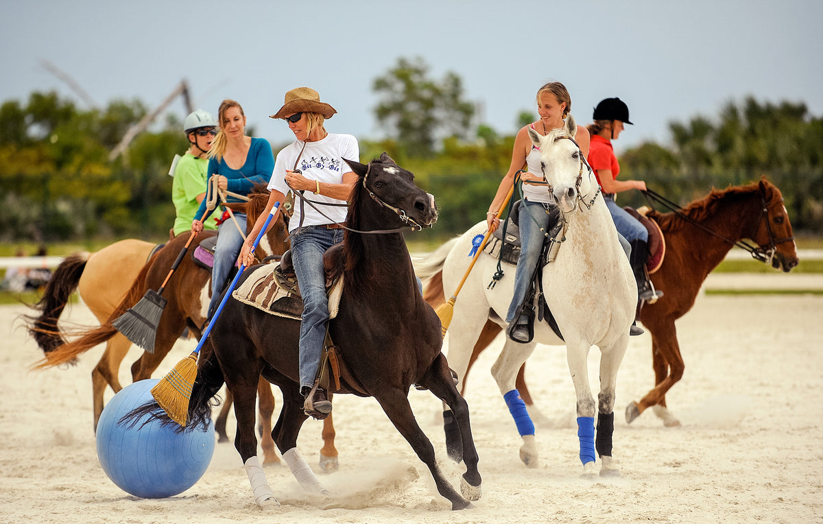 Donna Johnstone (center) of Fort Lauderdale riding Smarty during the beach ball hockey event during Derby Days at Sand and Spurs Park in Pompano Beach, 2010. The event featured barrel racing, drill teams, and a silent auction to benefit Bit-by-Bit’s Horses for Heroes Veteran Rehabilitation Program. Courtesy Sun Sentinel
