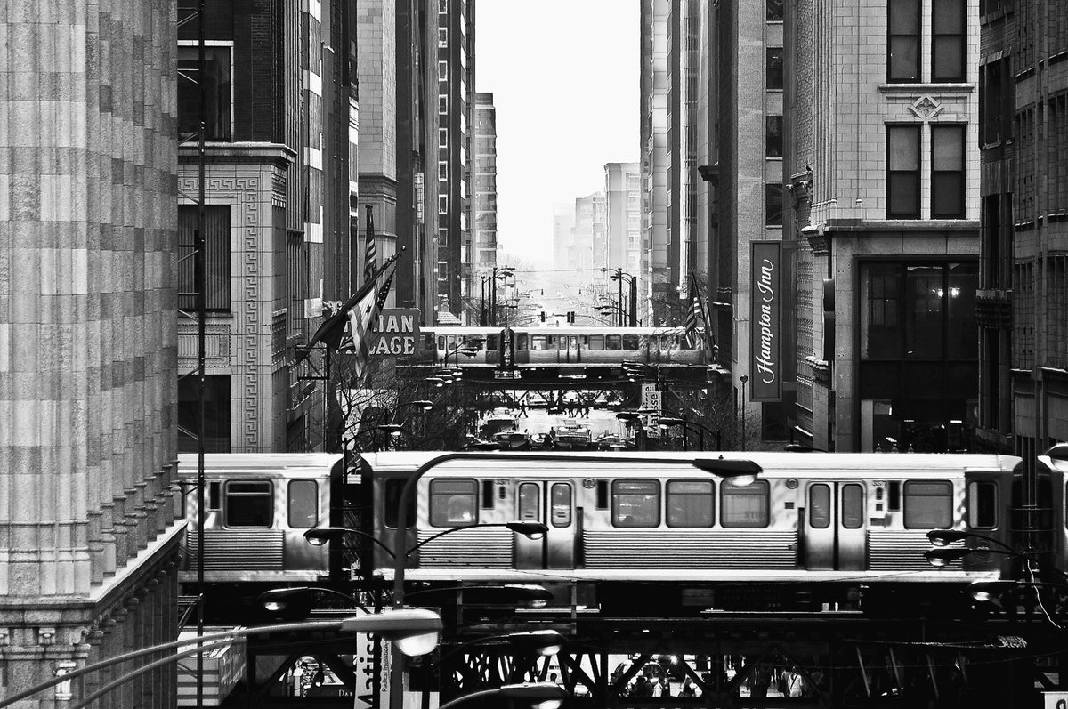 Two trains captured passing by Monroe Street. Rolour Garcia