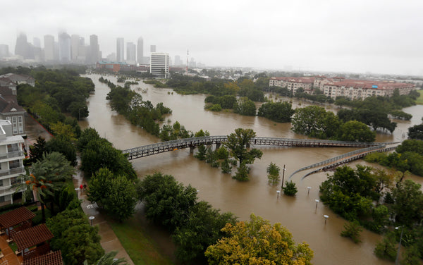 Overhead view of the floods from Buffalo Bayou on Memorial Drive and Allen Parkway, as heavy rains continued falling from Hurricane Harvey,  Monday, Aug. 28, 2017, in Houston.  Courtesy Karen Warren / Houston Chronicle