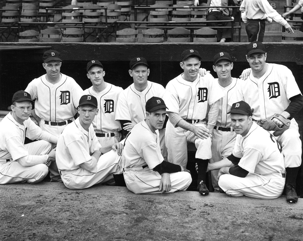 Detroit Tigers pitching staff, 1940. Front row, from left: Paul Trout, Harold Newhouser, Tom Seats, Archie McKain. Back row: Lynn Nelson, John Gorsica, Alton Benton, Tommy Bridges, Lynwood Rowe, Buck Newsom. Courtesy Detroit Public Library / #hr004453