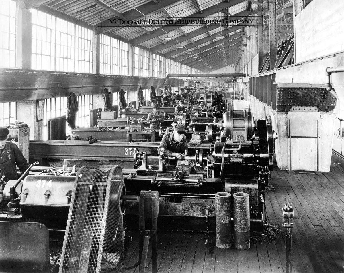 Machinists at lathes in the McDougall-Duluth Shipyard machine shop, April 27, 1920. Courtesy Lake Superior Maritime Collection, University of Wisconsin-Superior
