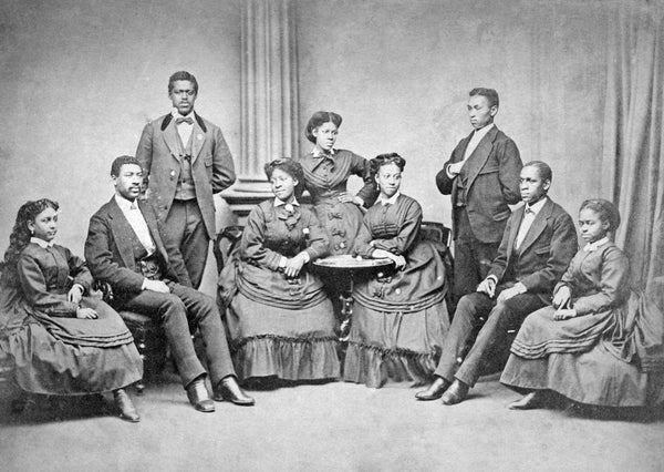 Fisk University Jubilee Singers, with (from l. to r.) Minnie Tate, Greene Evans, Isaac Dickerson, Jennie Jackson, Maggie Porter, Ella Sheppard, Thomas Rutling, Benjamin Holmes, and Eliza Walker, circa 1872. Courtesy Library of Congress