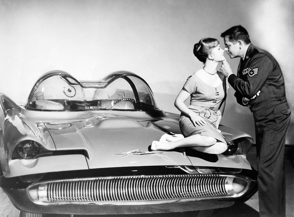Actors Debbie Reynolds and Glenn Ford with a 1955 Lincoln Futura automobile. This experimental car was featured in the 1959 film, It Started with a Kiss.Courtesy Detroit Public Library / #na030002