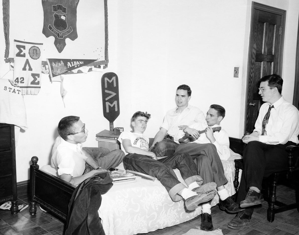 Members and/or prospective members of the Sigma Lambda Sigma fraternity relaxing at New York State College for Teachers in 1942. The fraternity was first organized at the college in 1937. Courtesy M.E. Grenander Department of Special Collections & Archives, University at Albany, SUNY