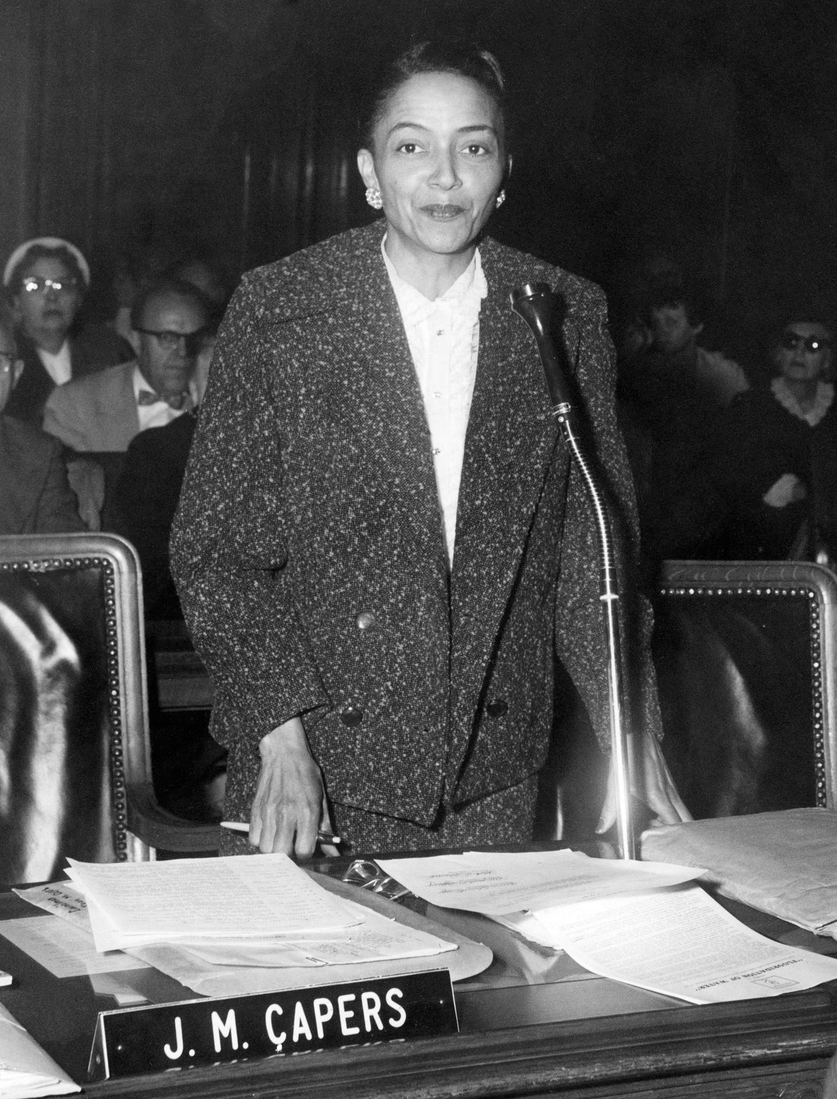 Jean Murrell Capers was the first African-American woman elected to Cleveland City Council in 1949. She served five terms. She was appointed a Cleveland Municipal Court judge, serving in 1977–1986. In this November 1955 photo, Councilwoman Capers is speaking at a hearing on fluoride. Courtesy Cleveland Public Library Photograph Collection/#P-Capers, Jean