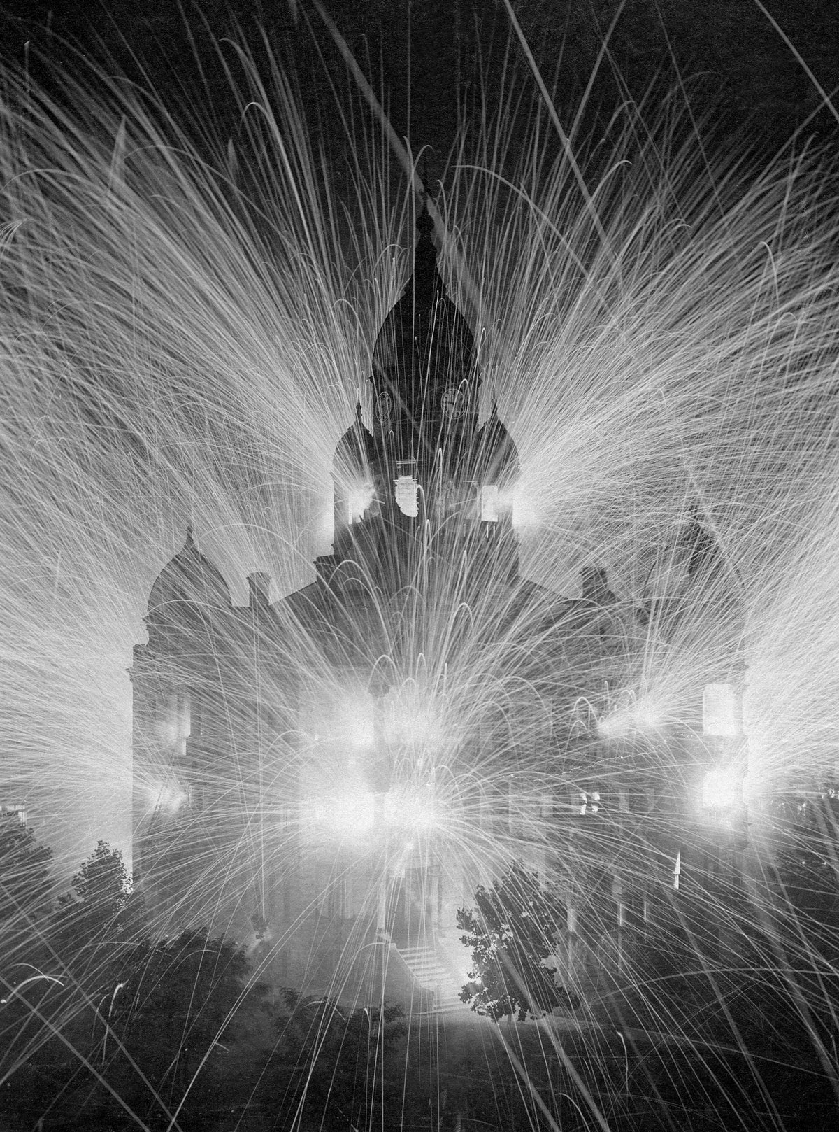 Fireworks at the Denton County Courthouse celebrating the end of World War I, November 11, 1918. Courtesy Denton Public Library / #PF_B-18