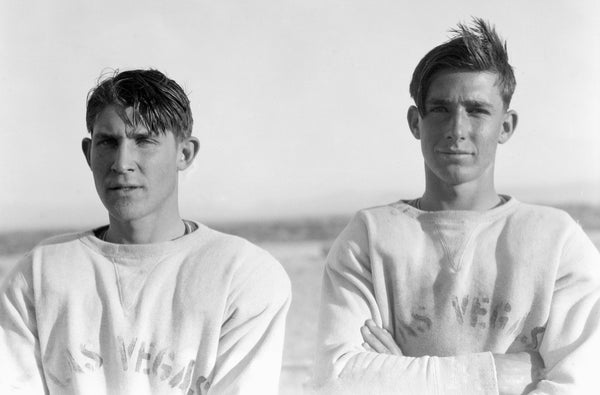 Two Las Vegas High School football players, Las Vegas, circa 1930. Courtesy Elton and Madelaine Garrett Photo Collection, UNLV University Libraries Special Collections & Archives