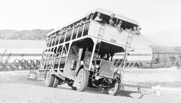 A truck known as “Big Bertha” carries 150 workers to the site, circa 1930. Courtesy Manis Collection, UNLV University Libraries Special Collections & Archives