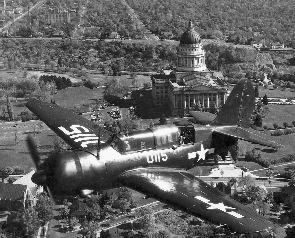 A military fighter flies over Salt Lake City in October 1945. The Salt Lake Tribune