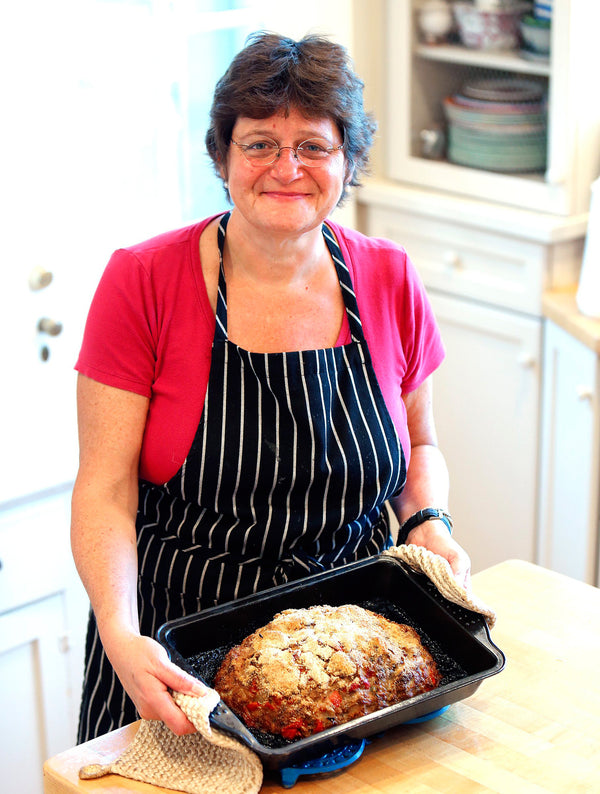 Clare Schapiro with Clare's Good Ole Fashion Meat Loaf for Clare's Kitchen centerpiece.