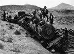 A train wreck near Desert Wells west of Tonopah, circa 1905. The train is a narrow-gauge Baldwin No. 2 of the Tonopah Railroad. Courtesy Tonopah Goldfield Album, UNLV University Libraries Special Collections & Archives