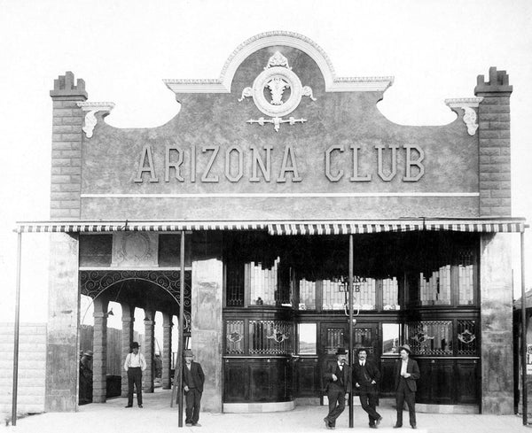 The Arizona Club on North First Street in Las Vegas, circa 1907. The third man from the right is Al James, who acquired the Arizona Club about 1907. Courtesy Helen J. Stewart Collection, UNLV University Libraries Special Collections & Archives