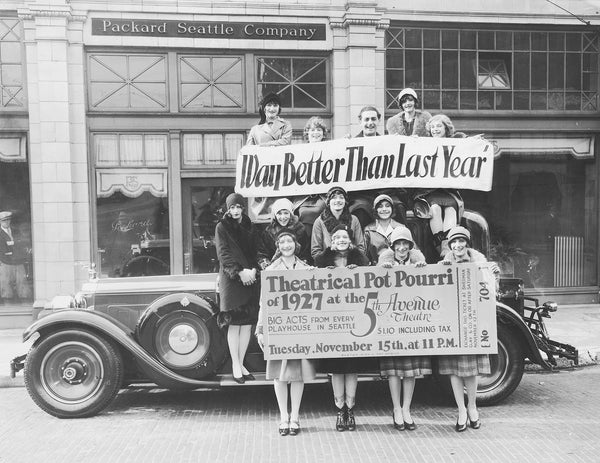 A classy promotion for an annual event being held in 1927 at the 5th Avenue Theatre uses a stylish Packard as a prop. Courtesy Seattle Public Library