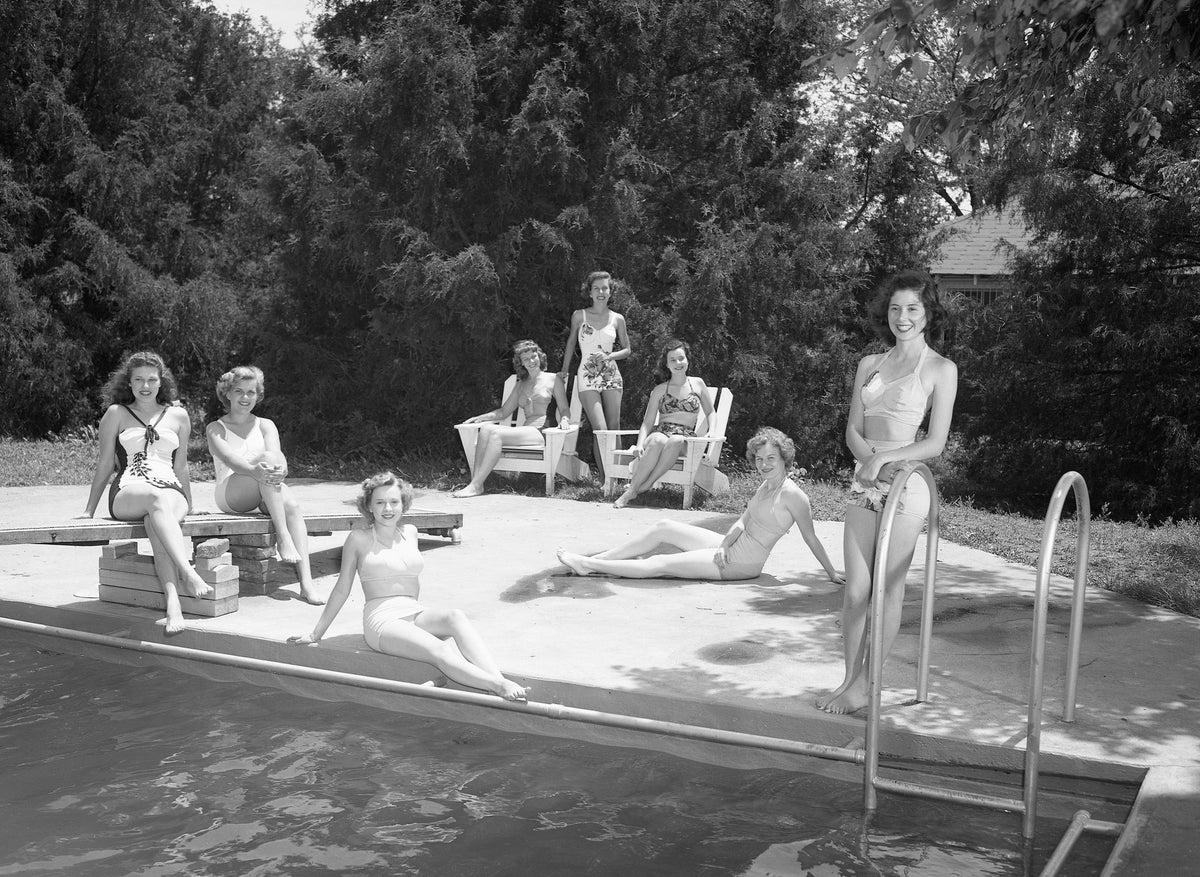 The 1948 summer season was at full tilt as this group of young ladies showed off the newest swim wear at the Twin Hills swimming pool. Left to right: Shirley Martin, Sally Miller, Catherine Ditson, Janet Schuler, Lois Jane Howell, Ann Boyd, Patsy Ruth Miller and Treva Warden.
