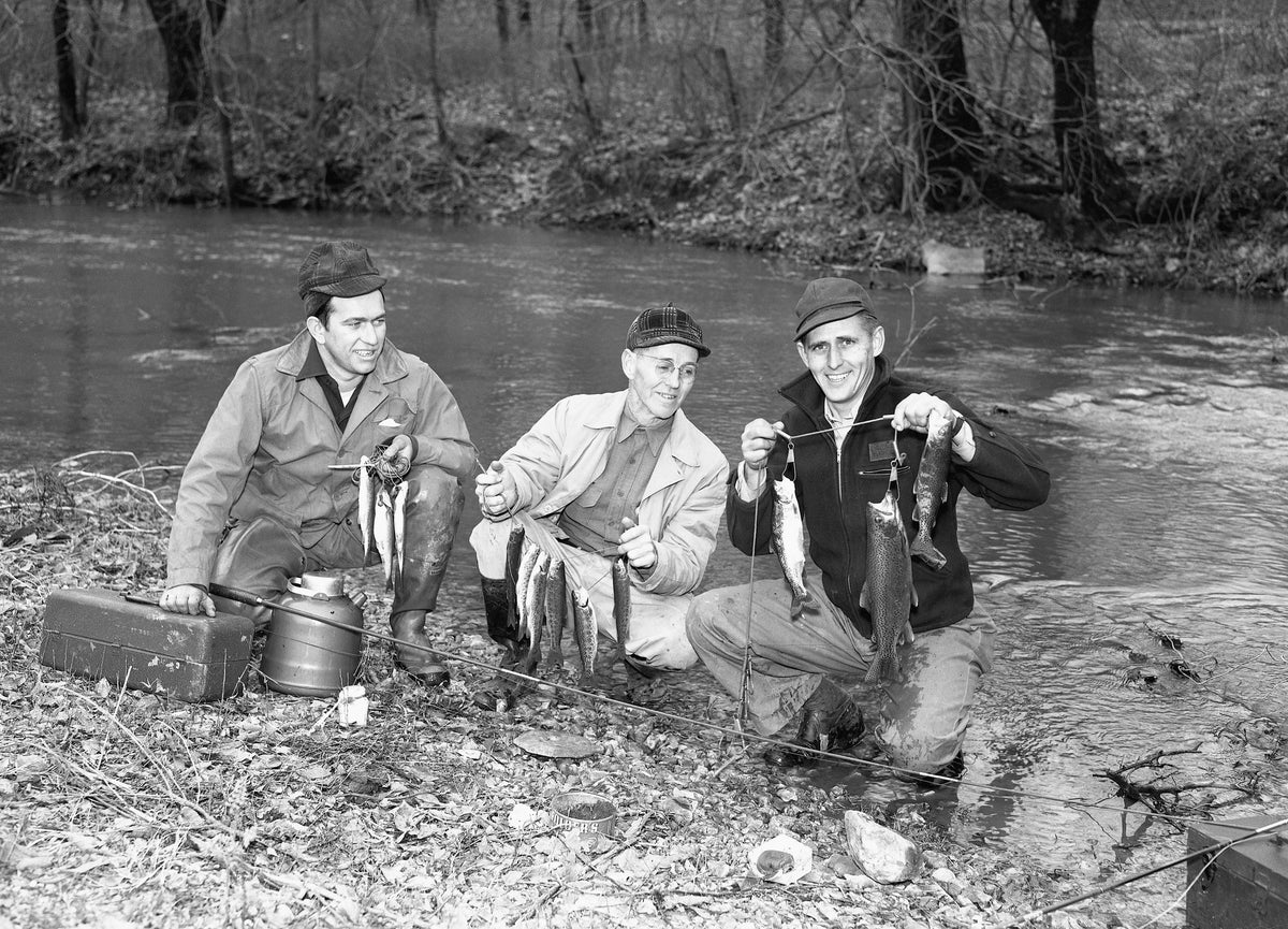 Three anglers display their string of fish during the opening of trout season at Indian Creek. The March 1, 1948 day greeted 400 fishermen with cold and rainy weather. Most of the anglers had success with worms, liver and beef melt as well as artificial flies. From left to right: Lloyd Gammon of Joplin, Charles L. Allen of Granby and Lloyd Jones of Joplin.
