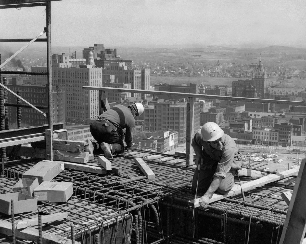 Construction workers on the top of the South Mall Tower (later Empire State Plaza) during urban renewal work in Albany, May 3, 1967. Courtesy Times Union Historic Images