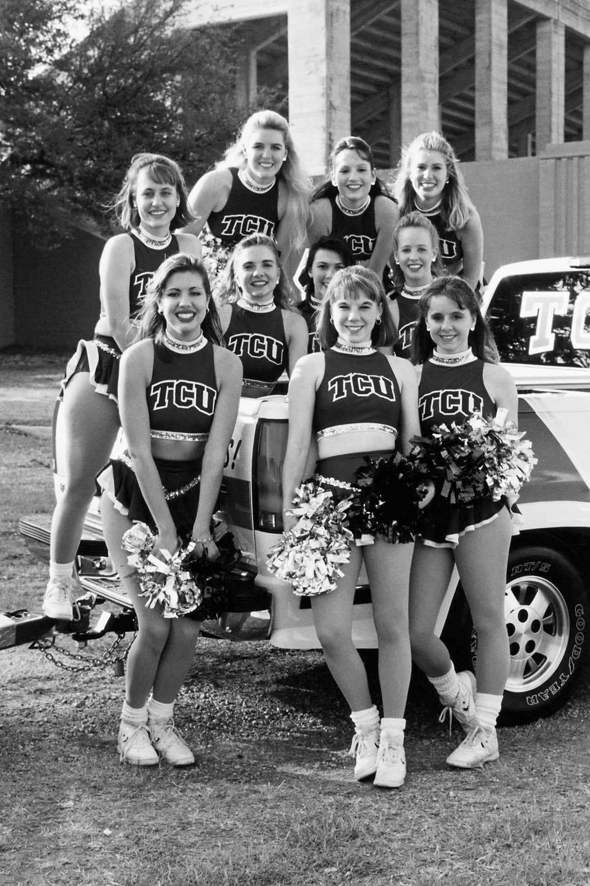 Texas Christian University Showgirls striking a pose near Farrington Field before performing in the 24th annual Mayfest Parade through Trinity Park, Fort Worth, May 3, 1996. Courtesy Steven Martin