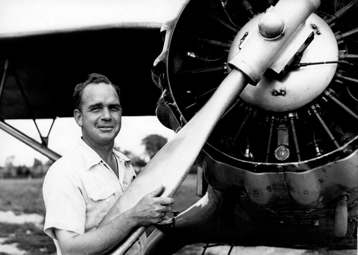 Art Carnahan, "Mr. Aviation," pictured with the Pantagraph's "Scoop IV" 1940. Courtesy Deb King Ochs