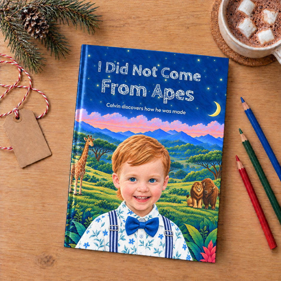 The personalized I Did Not Come From Apes hardcover on a wooden table