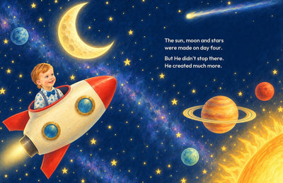Calvin riding a rocket on day four