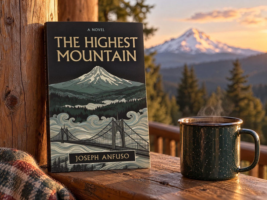 The book on a lodge porch railing at golden hour, a snow-capped peak beyond