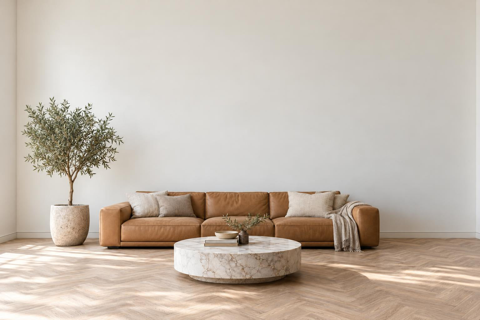 A camel leather sofa under a tall, empty white wall, with the selected print size outlined above it