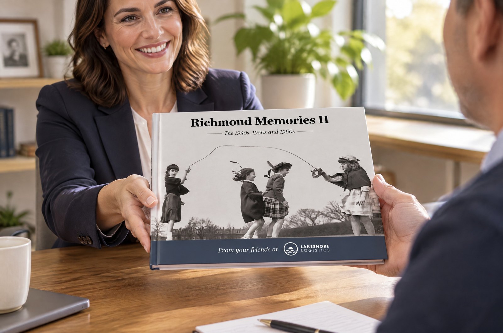 A smiling professional hands a client a landscape hardcover, “Richmond Memories II”, with the Lakeshore Logistics logo on slate navy along the bottom of its cover, across an office desk.