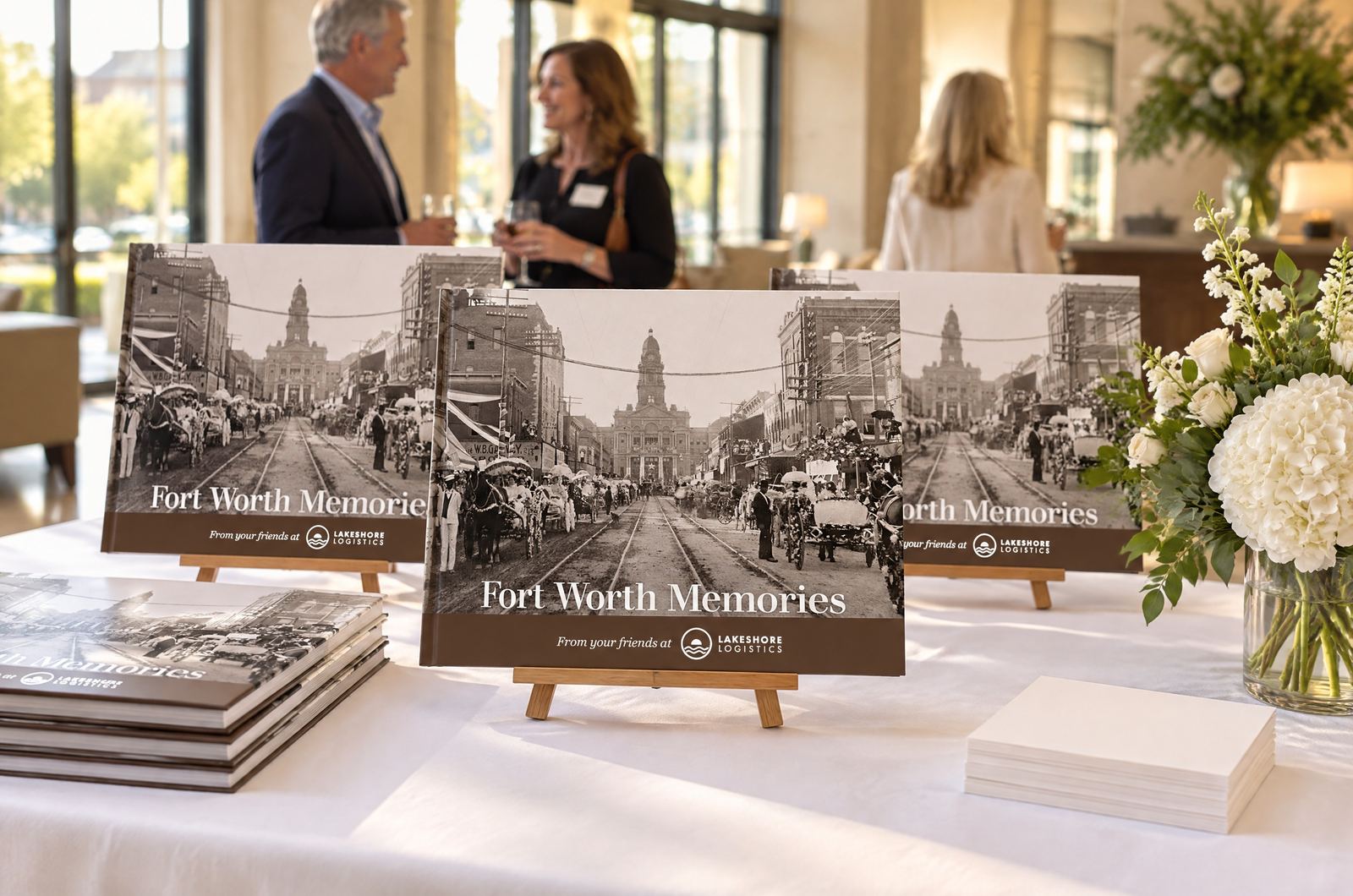 A customer-appreciation event table with several hardcover books on small wooden easels and in a stack, each with “From your friends at” and the Lakeshore Logistics logo on brown along the bottom of the cover, with guests blurred in the background.