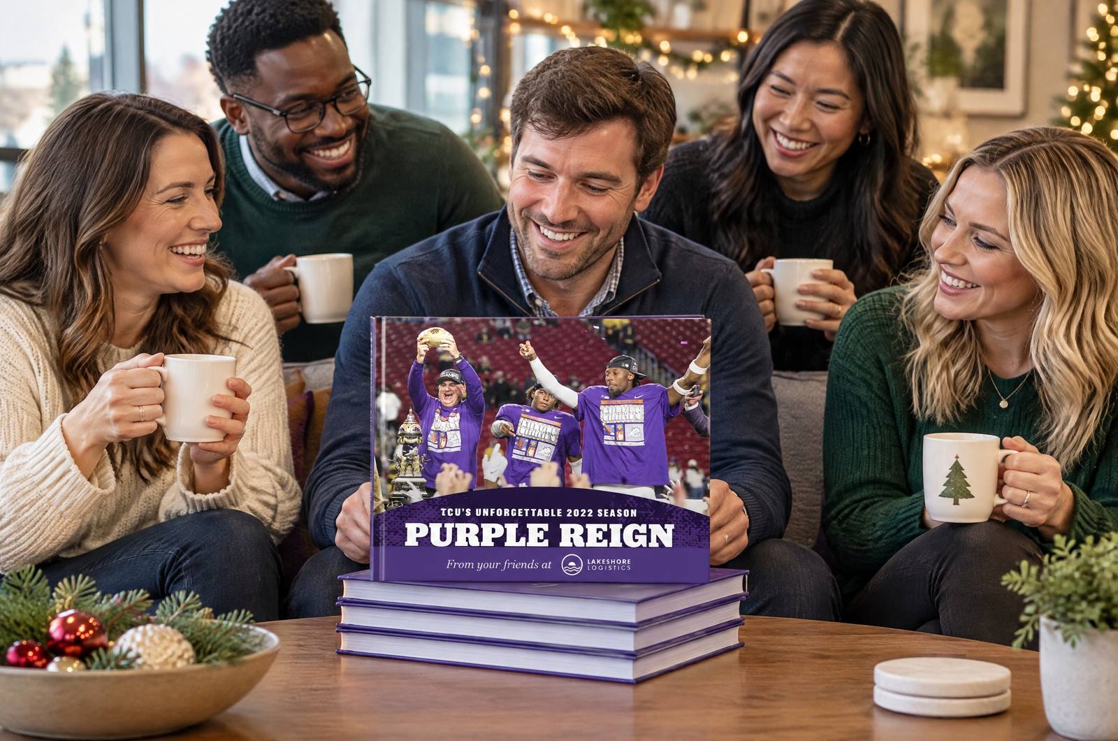 Five smiling colleagues with coffee mugs at a holiday get-together; one holds up a copy of “Purple Reign” with the Lakeshore Logistics logo on purple along the bottom of its cover.