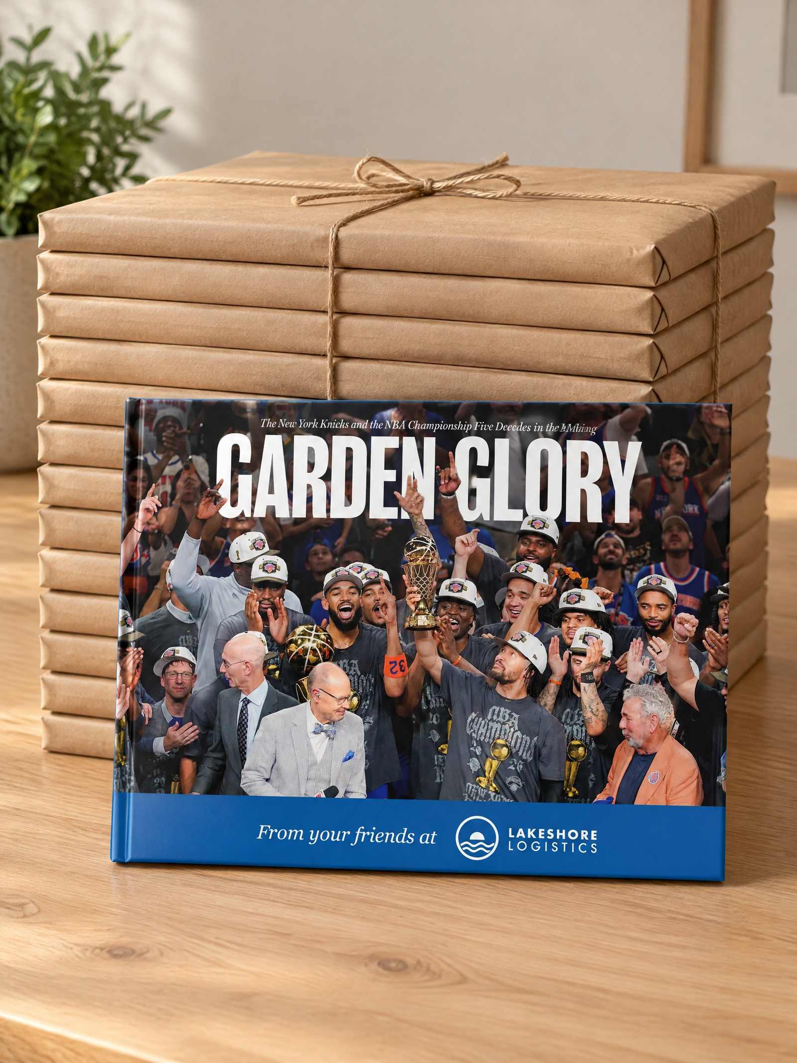 A tidy stack of kraft-paper gift-wrapped books tied with twine, with one unwrapped copy leaning in front showing “From your friends at” and the Lakeshore Logistics logo on blue along the bottom of its cover.