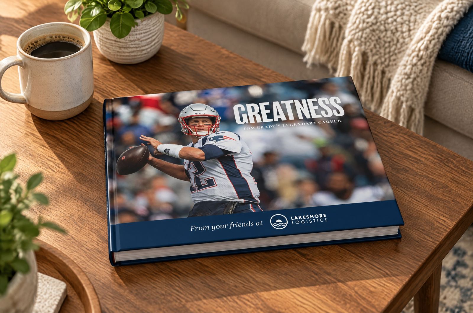 A closed landscape hardcover of “Greatness” with the Lakeshore Logistics logo on navy along the bottom of its cover, lying on a wooden living-room coffee table beside a mug of coffee and a plant, with a knit throw on the sofa behind.